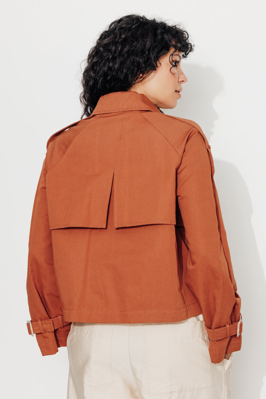 BOVELLE short trench coat in glossy brown cotton-Short trench coat in glossy brown cotton