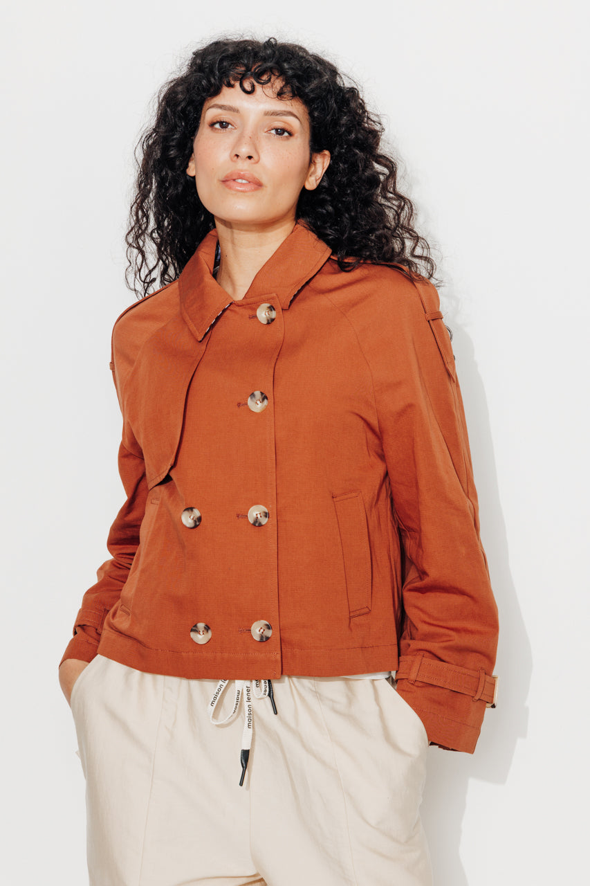 BOVELLE short trench coat in glossy brown cotton-Short trench coat in glossy brown cotton