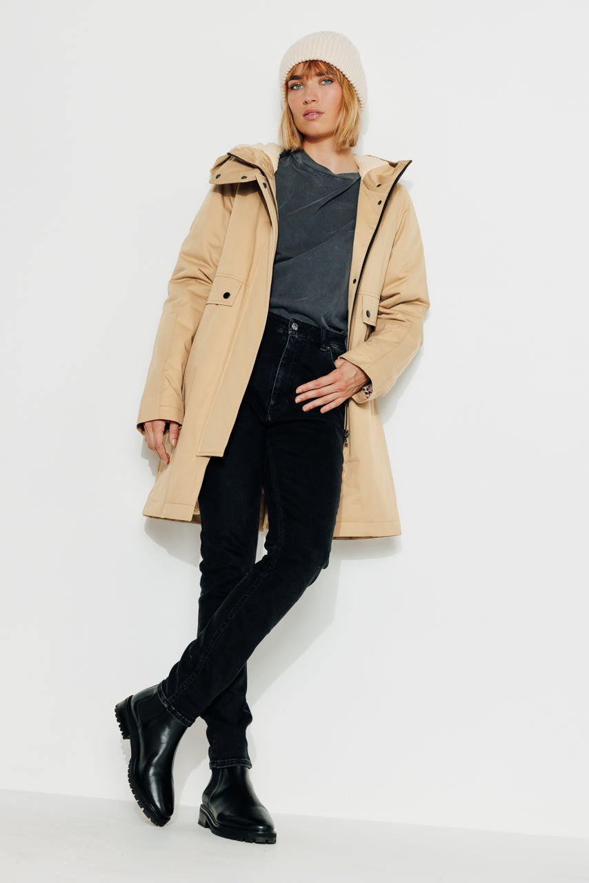 Parka chaude femme beige pure coton capuche Trench Coat