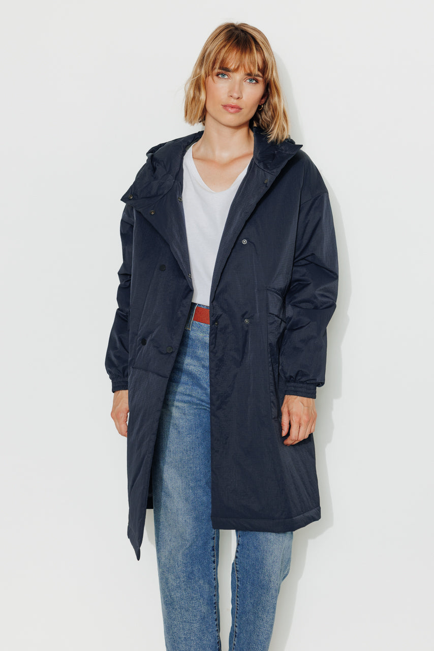 Parka longue oversize tissu ripstop marine pour femme- Trench