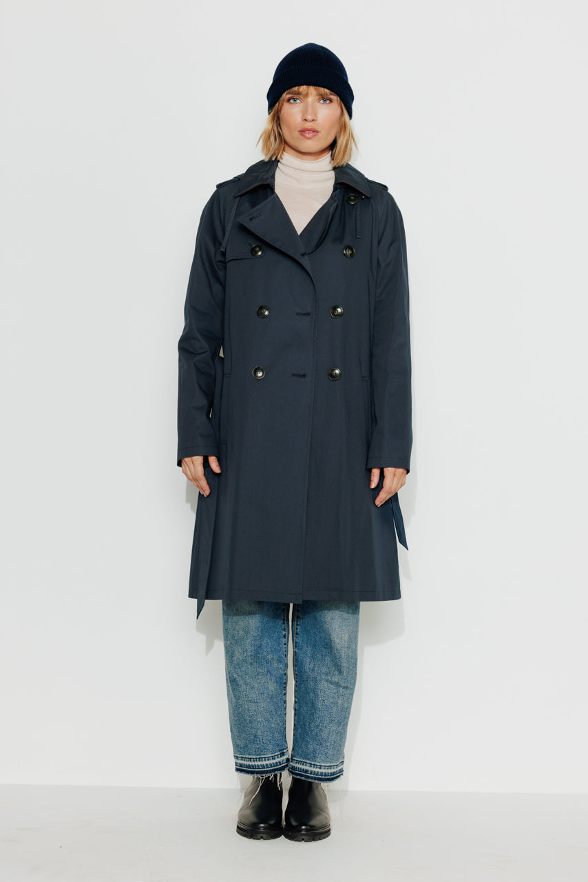 Tangry navy belted cotton trench coat-Navy blue pure cotton belted trench coat