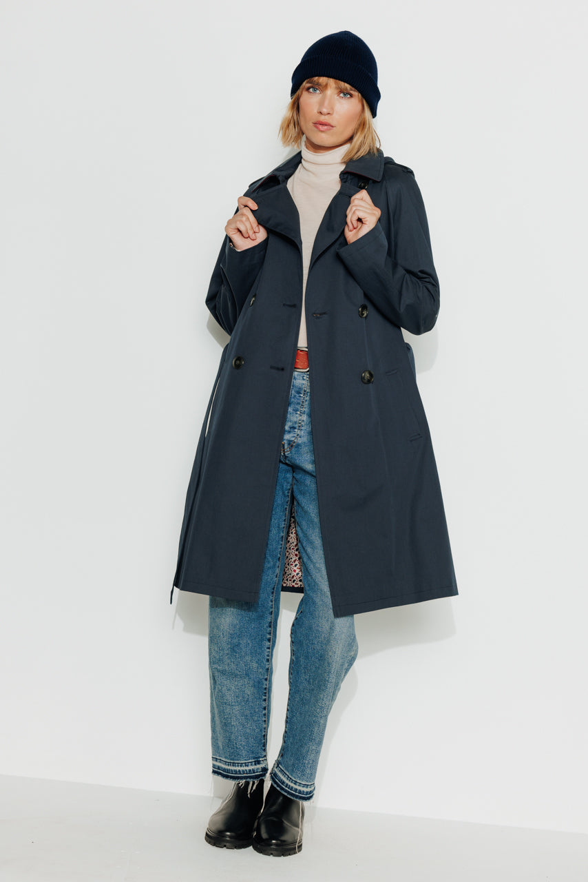 Tangry navy belted cotton trench coat-Navy blue pure cotton belted trench coat