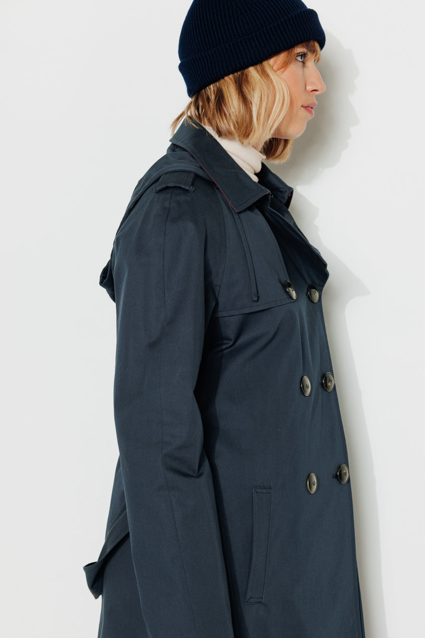 Tangry navy belted cotton trench coat-Navy blue pure cotton belted trench coat