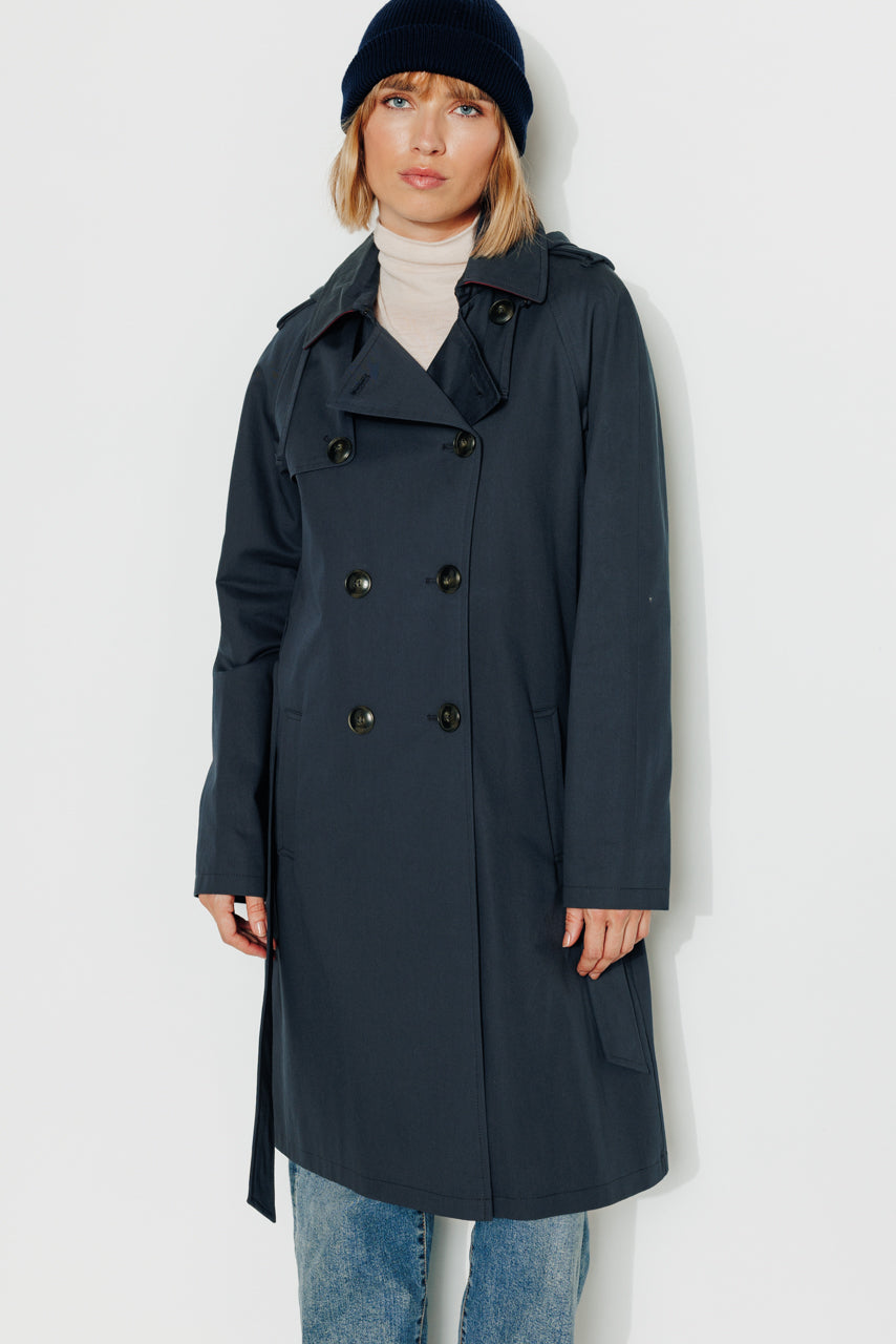 Tangry navy belted cotton trench coat-Navy blue pure cotton belted trench coat
