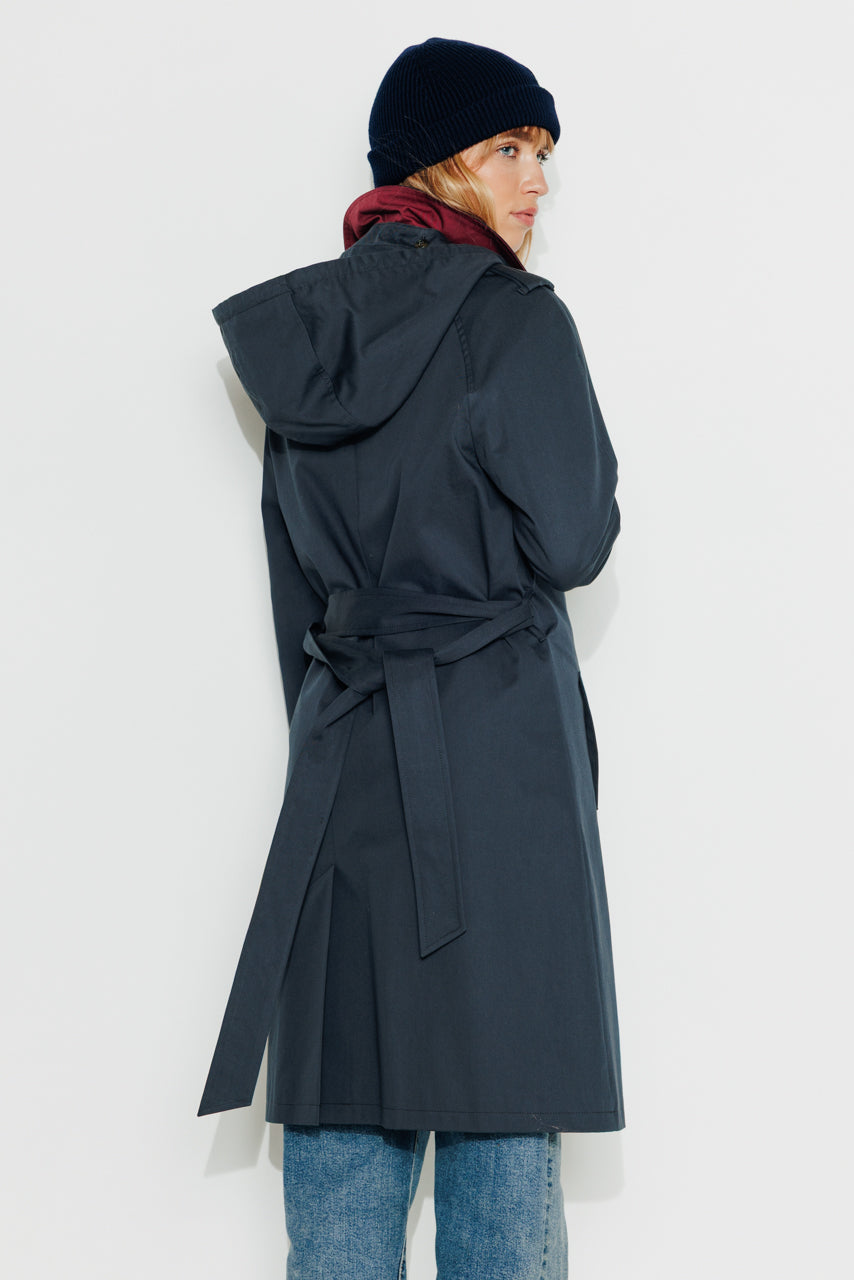 Tangry navy belted cotton trench coat-Navy blue pure cotton belted trench coat