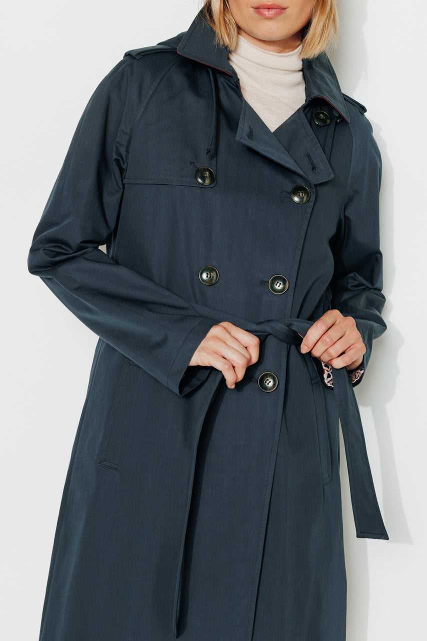 Tangry navy belted cotton trench coat-Navy blue pure cotton belted trench coat