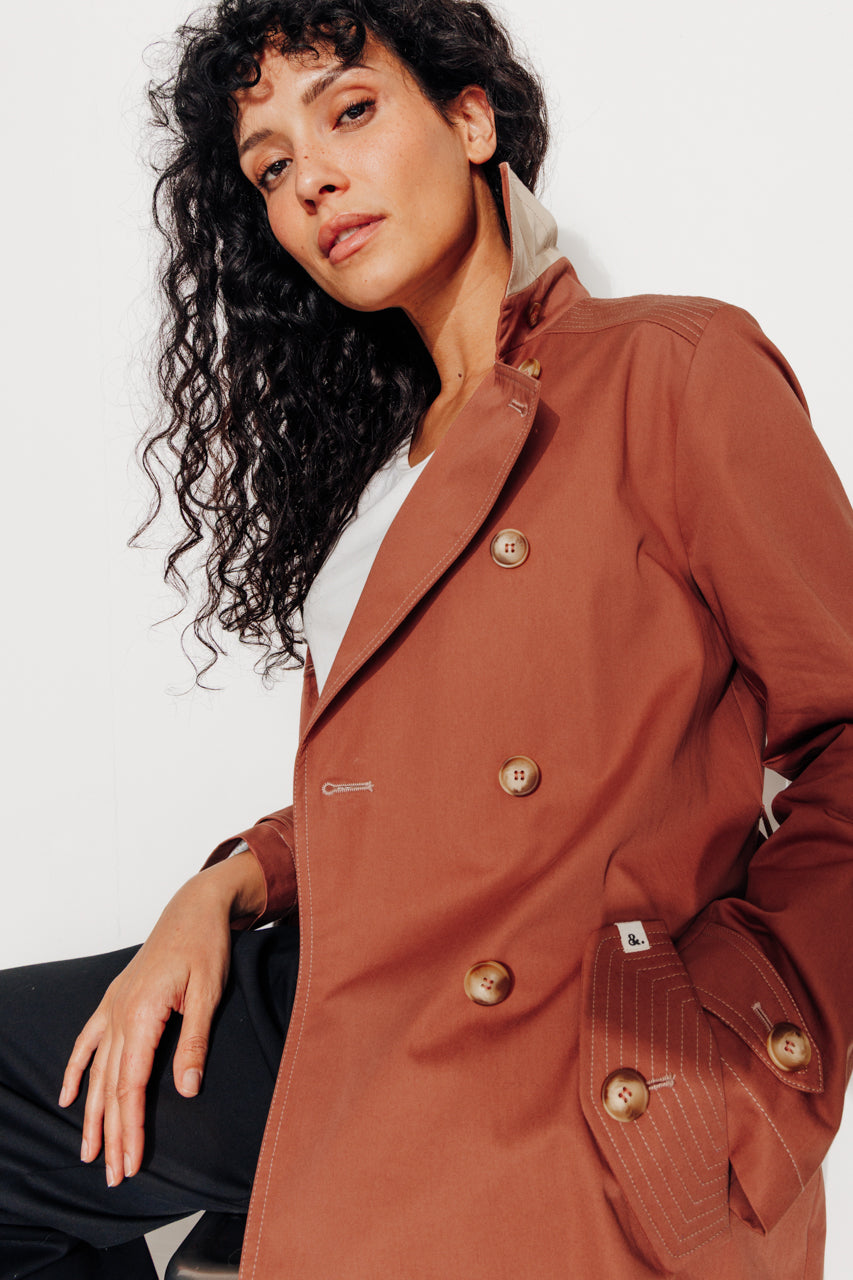 ROSEAU - Trench féminin 100% coton premium déperlant MARRON - Trench & Coat