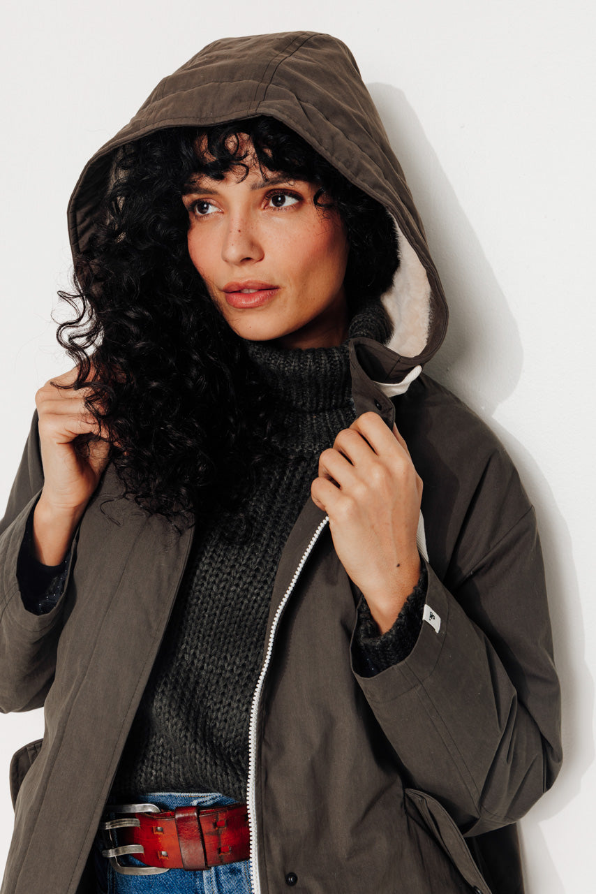 FICUS - FICUS - Parka mi-longue oversize doublée fourrure taupe ECORCE - Trench & Coat