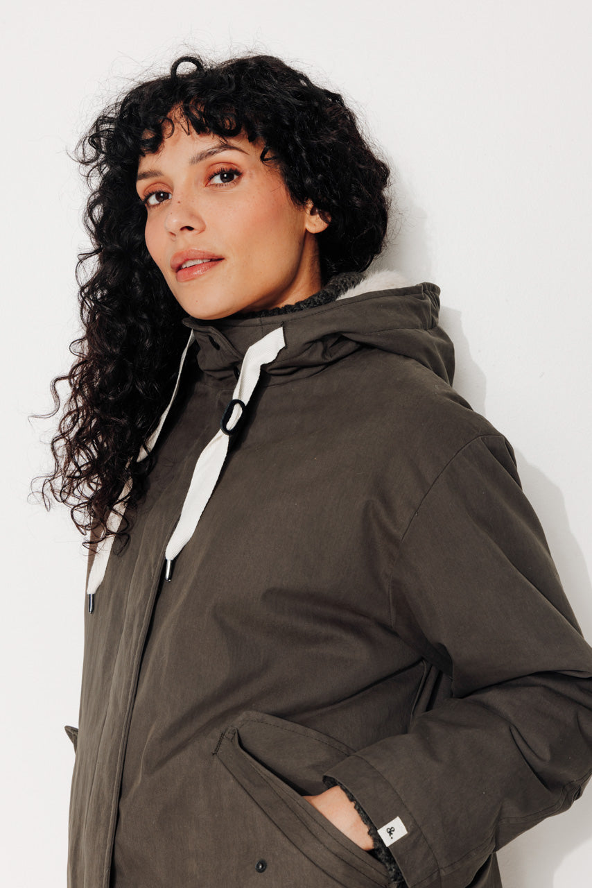 FICUS - FICUS - Parka mi-longue oversize doublée fourrure taupe ECORCE - Trench & Coat