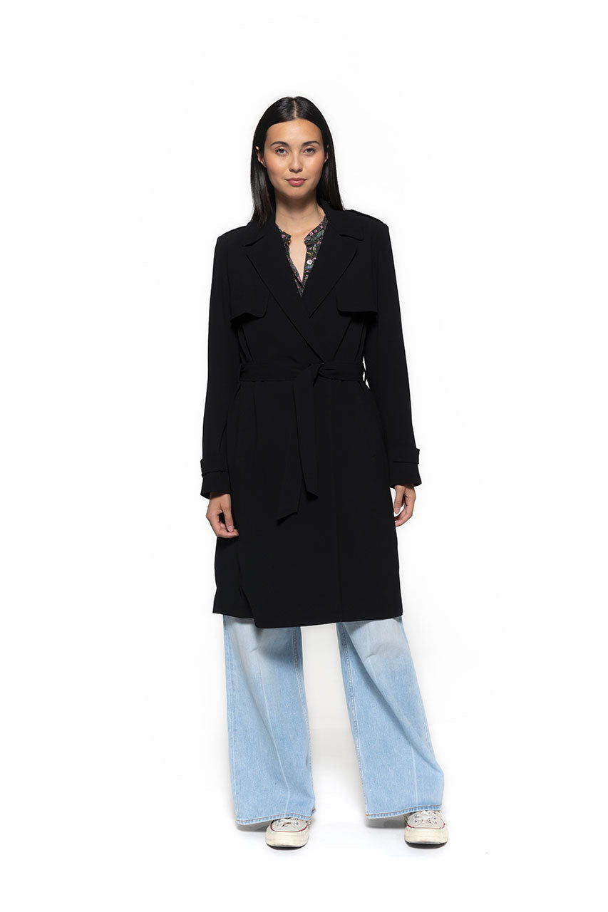 Trench noir BEDELINE-Trench en tissu fluide noir