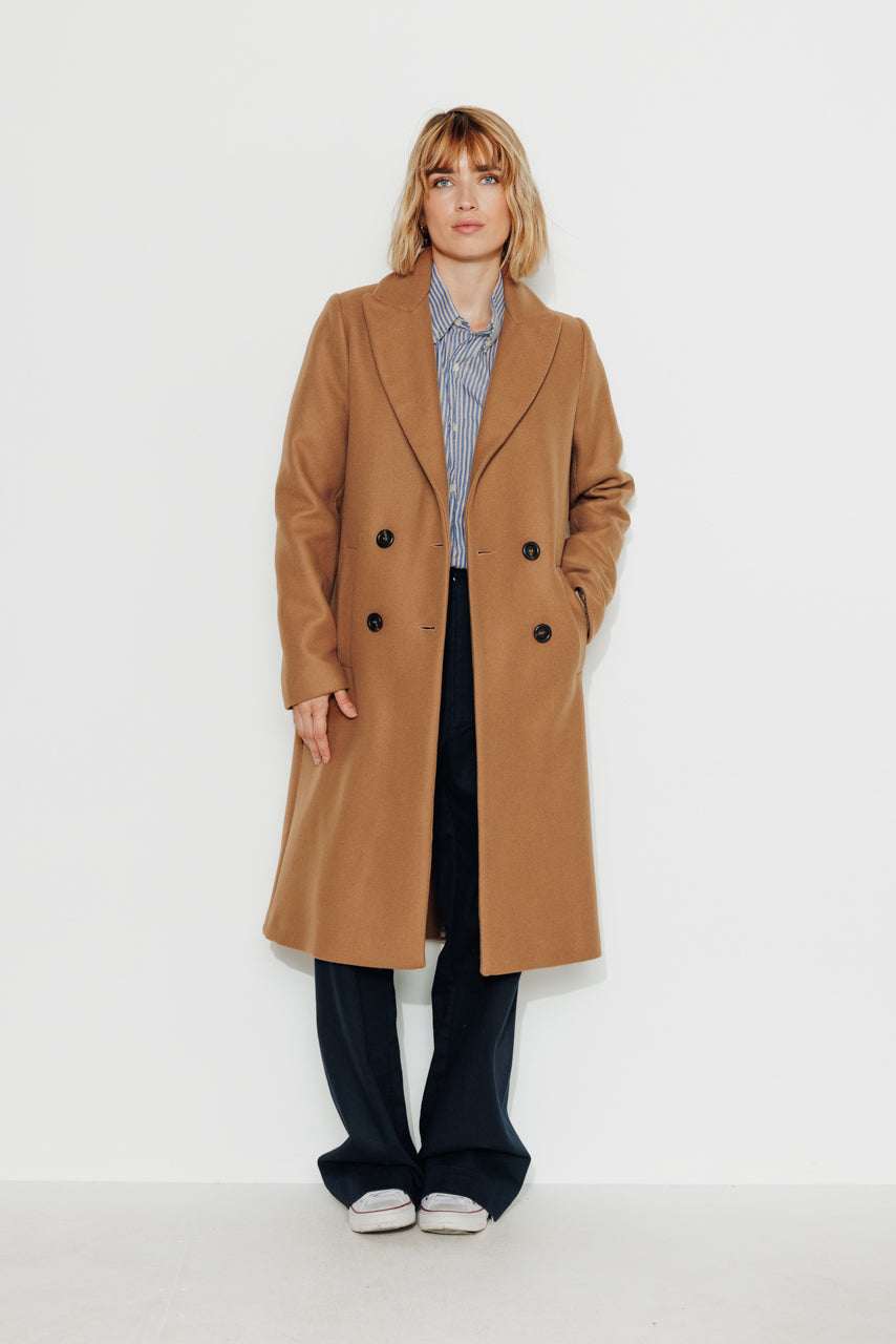 Women's long straight wool coat in camel virgin wool Trench &