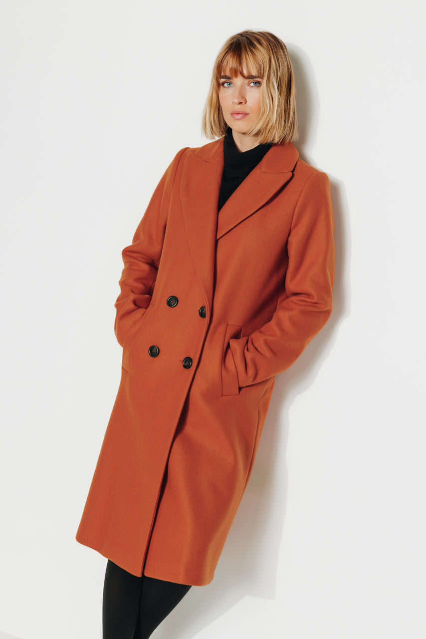 Manteau long laine droit femme en laine vierge orange- Trench