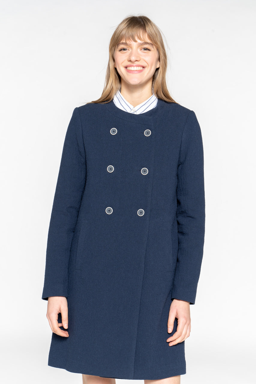 Manteau FELCE-Manteau sans col uni en coton bleu marine