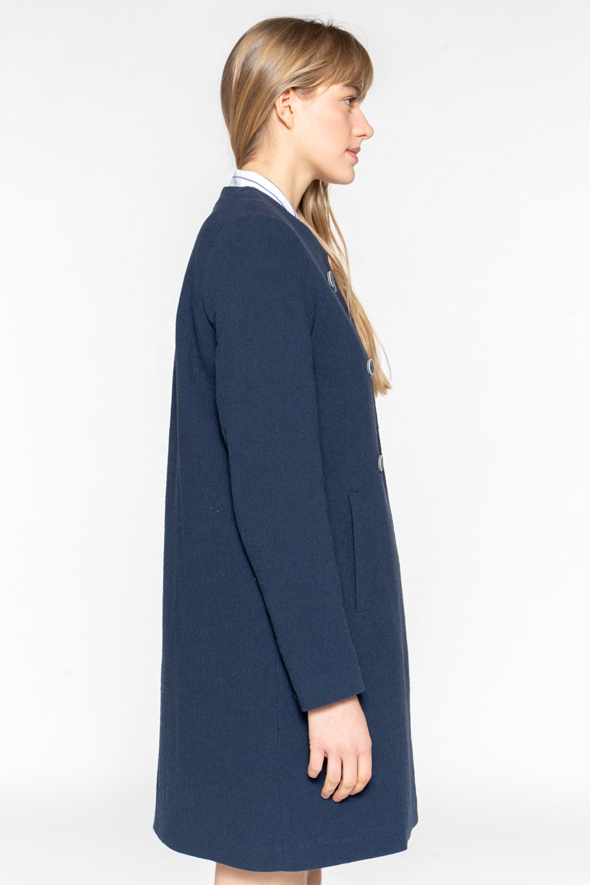 Manteau FELCE-Manteau sans col uni en coton bleu marine