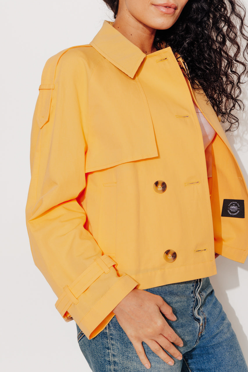 BOVELLE short coat in yellow trench style-Short trench coat in yellow cotton