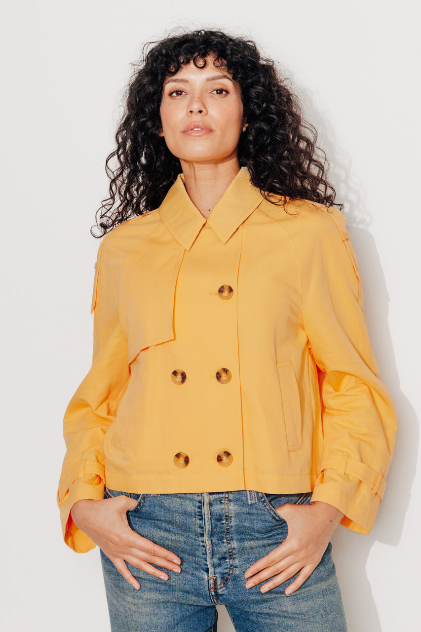 BOVELLE short coat in yellow trench style-Short trench coat in yellow cotton