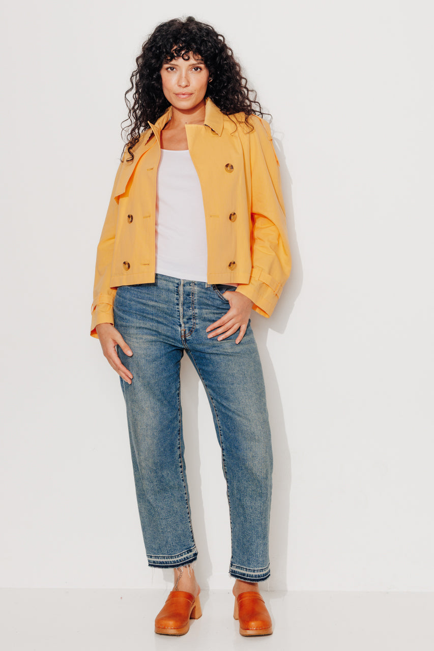 BOVELLE short coat in yellow trench style-Short trench coat in yellow cotton