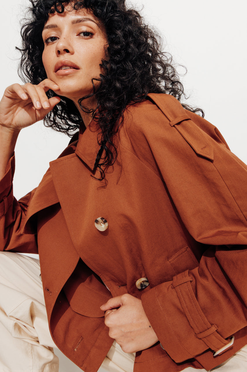 BOVELLE - Veste esprit trench coton et lin marron Marron glacé / Brown - Trench & Coat