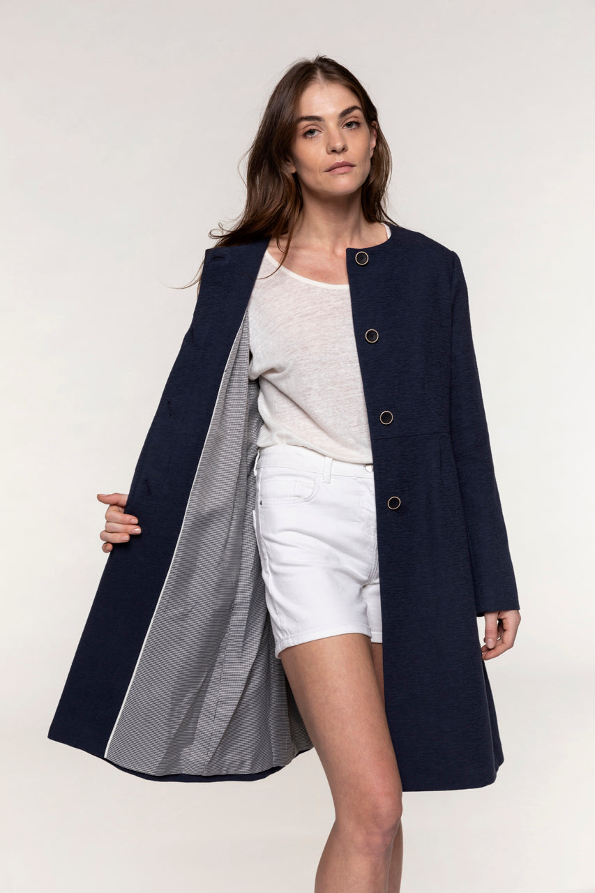 SOVERIA navy collarless fitted coat-Navy blue collarless fitted coat