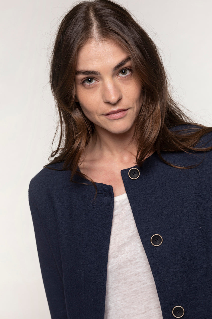 SOVERIA navy collarless fitted coat-Navy blue collarless fitted coat