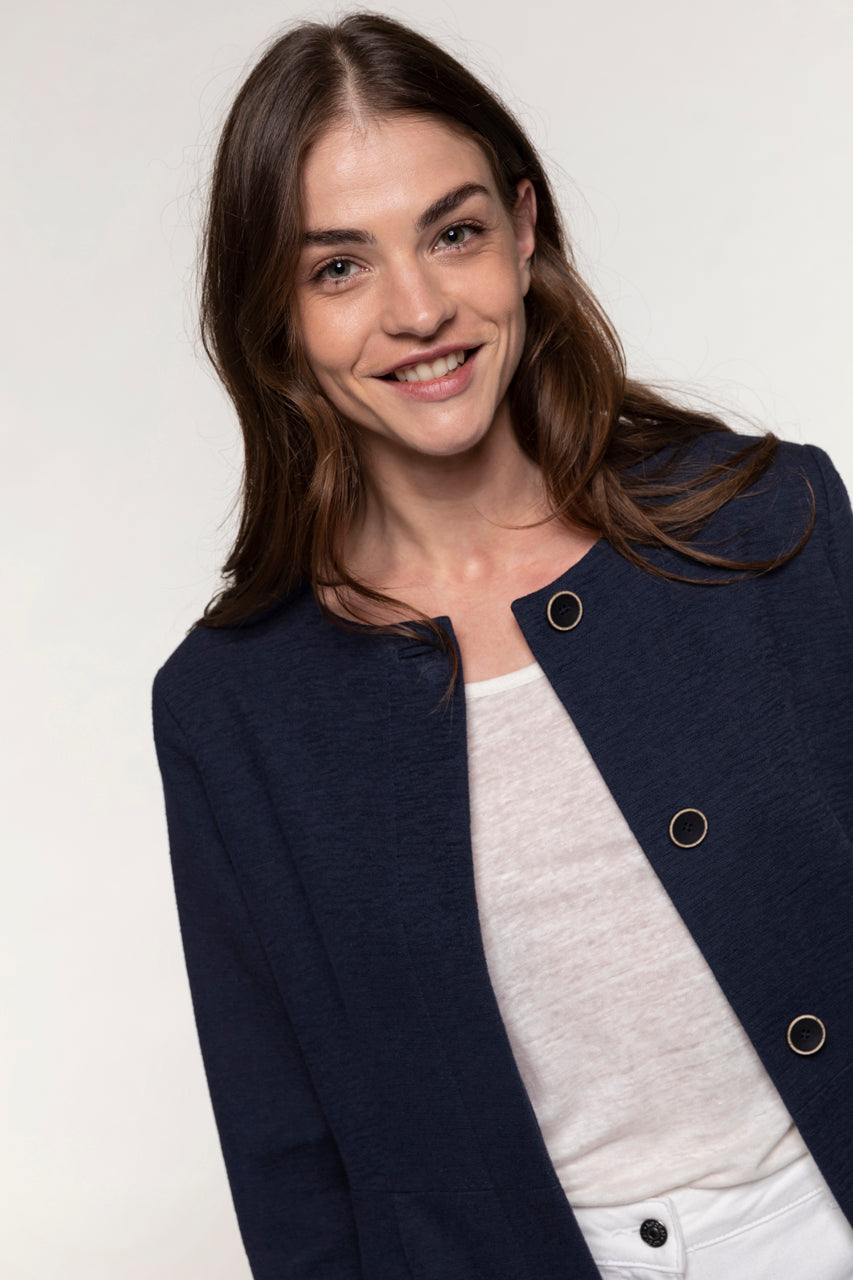 SOVERIA navy collarless fitted coat-Navy blue collarless fitted coat