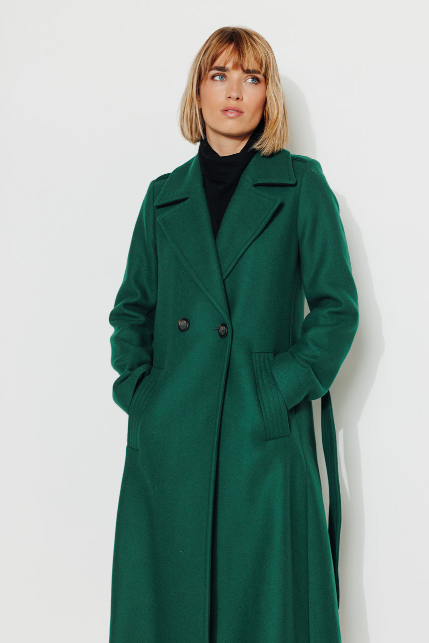 Manteau long femme hiver ceinturé en laine vierge vert- Trench