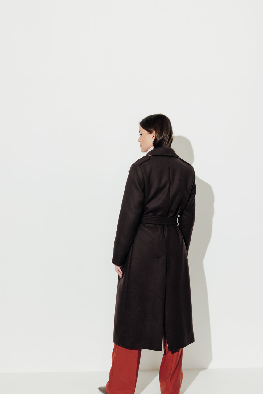 PRECIEUX - PRECIEUX - Manteau long ceinturé en drap de laine vierge marron Marron / Brown - Trench & Coat