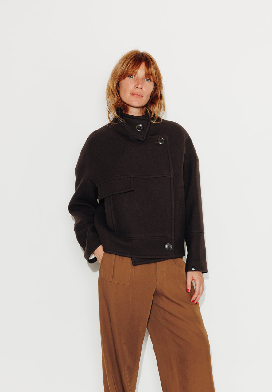 MABLY - MABLY - Blouson court oversize en drap de laine marron ECORCE - Trench & Coat