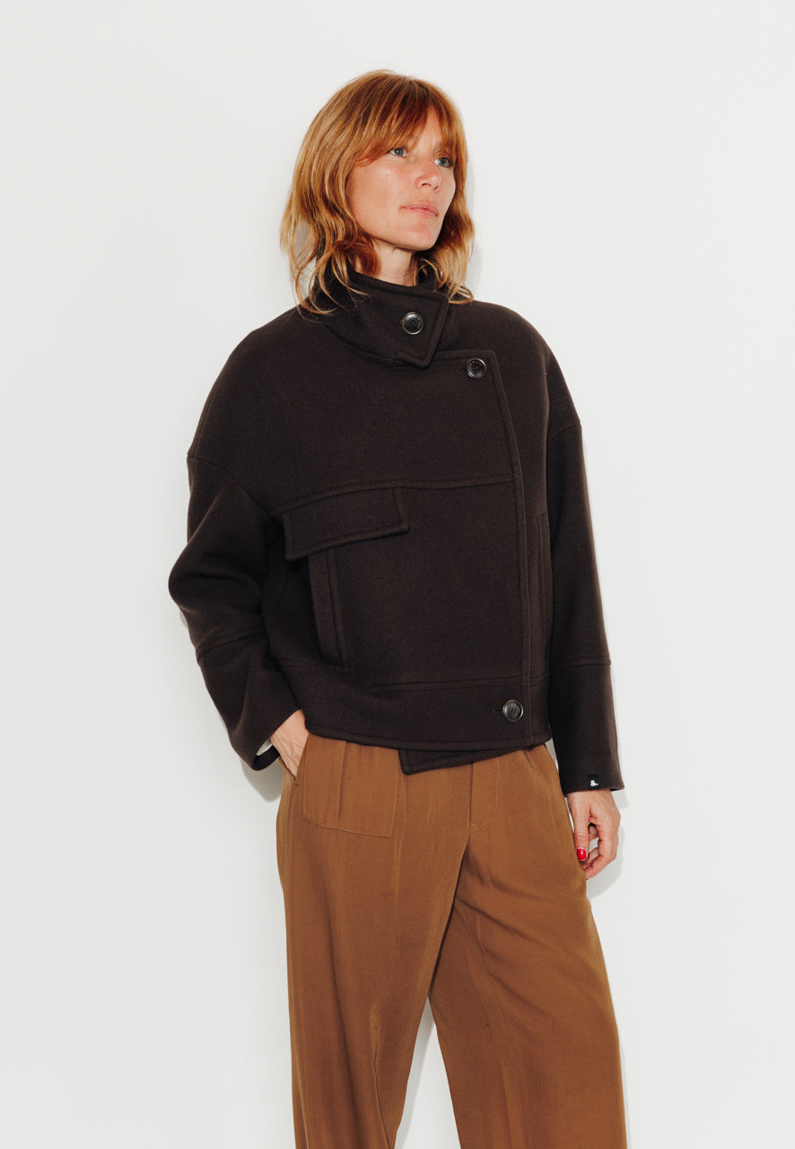 MABLY - MABLY - Blouson court oversize en drap de laine marron ECORCE - Trench & Coat