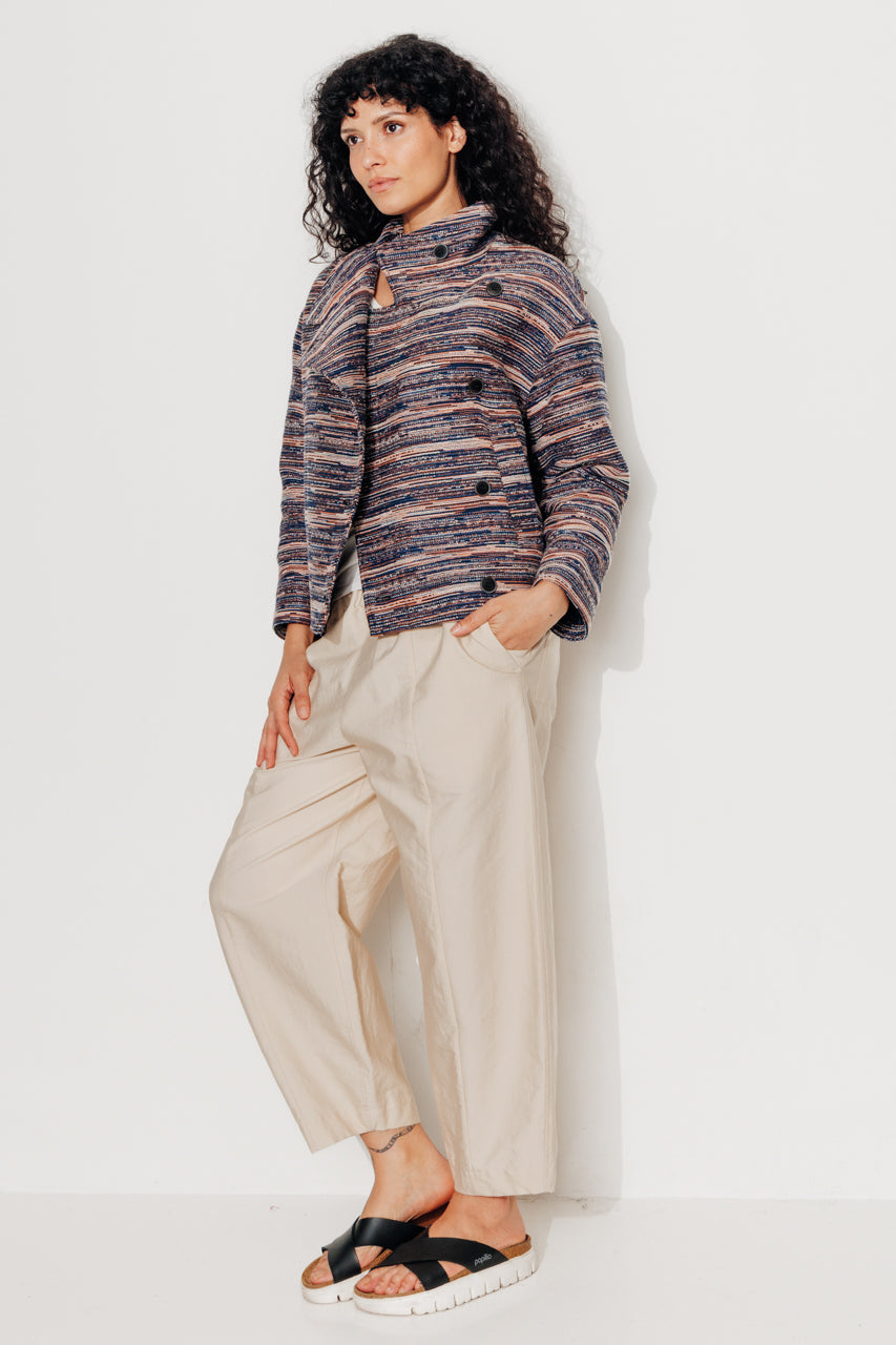 SOFAR - SOFAR - Manteau court oversize en jacquard rayé MARINE/CORAIL - Trench & Coat