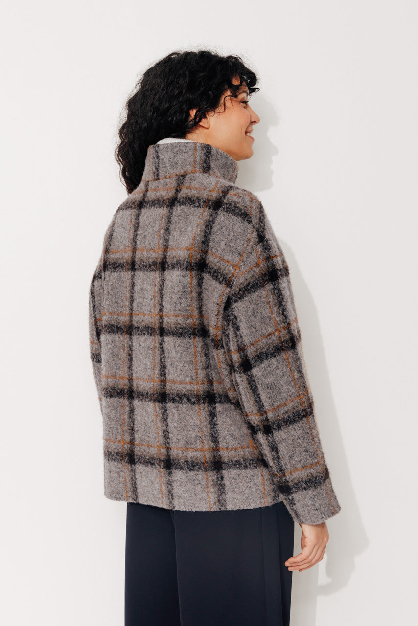 PLUMERIA - PLUMERIA - Manteau court oversize en bouclette de laine à carreaux gris VISONMARRON - Trench & Coat