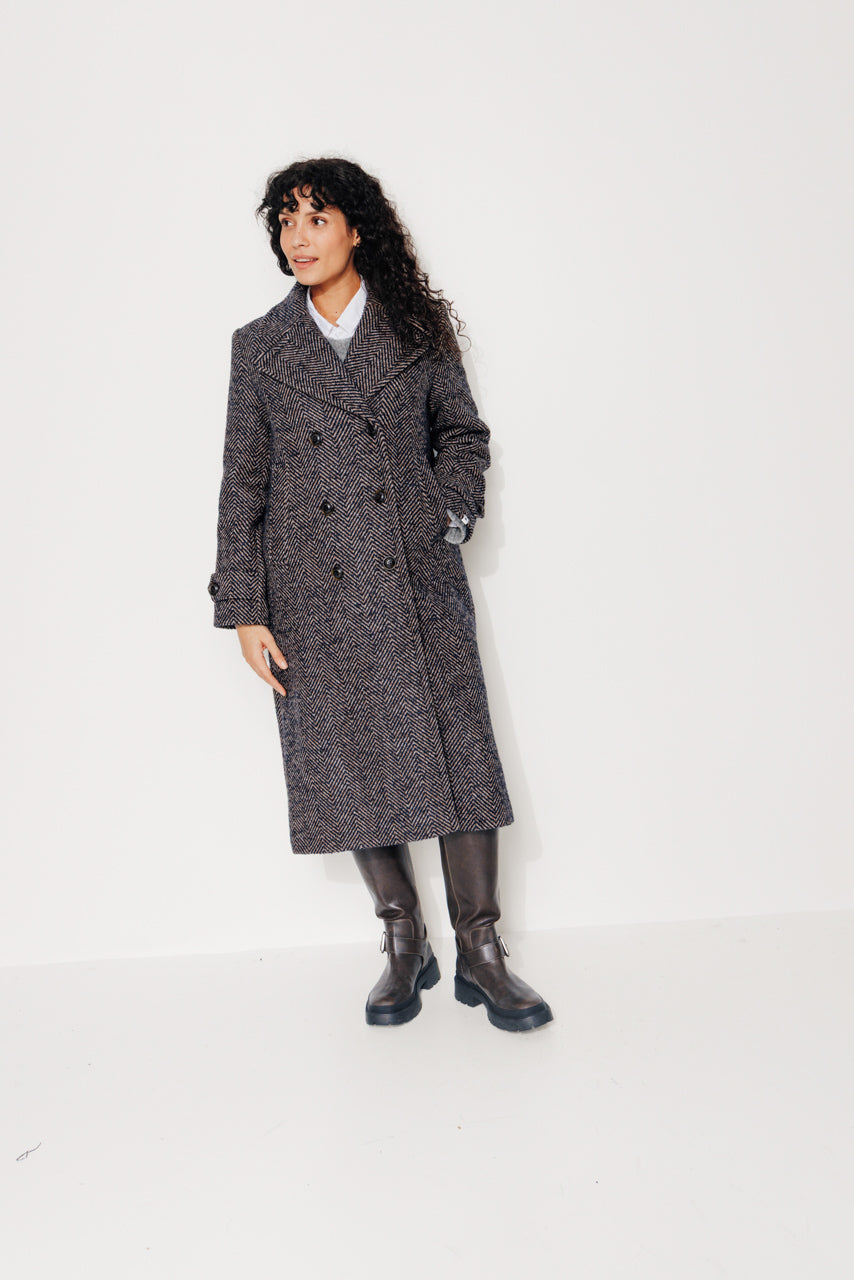 MONSTERA - MONSTERA - Manteau long droit en chevron chiné bleu MARINE - Trench & Coat