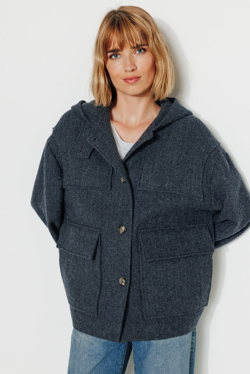 Manteau court duffle-coat bleu en laine vierge femme Trench