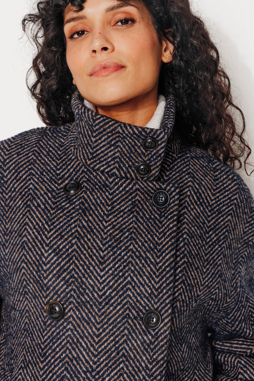 COTINUS - COTINUS - Manteau mi-long en lainage chevron chiné bleu MARINE - Trench & Coat