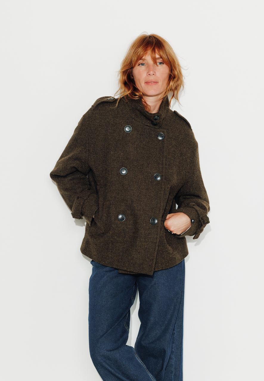 SOPHORA - SOPHORA - Manteau court oversize en drap de laine shetland marron ECORCE - Trench & Coat