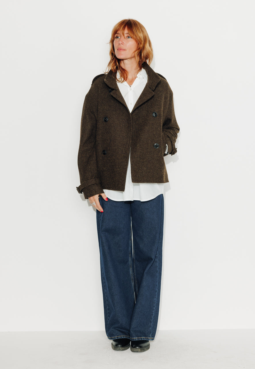 SOPHORA - SOPHORA - Manteau court oversize en drap de laine shetland marron ECORCE - Trench & Coat