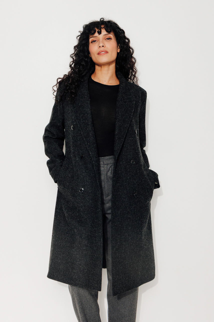 PEUPLIER - PEUPLIER - Manteau mi long en drap de laine shetland gris foncé ANTHRACITE - Trench & Coat