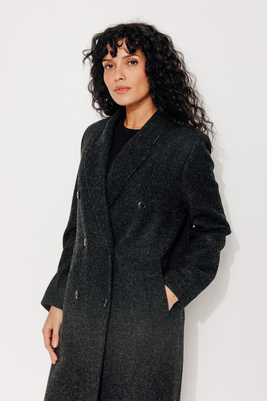 PEUPLIER - PEUPLIER - Manteau mi long en drap de laine shetland gris foncé ANTHRACITE - Trench & Coat