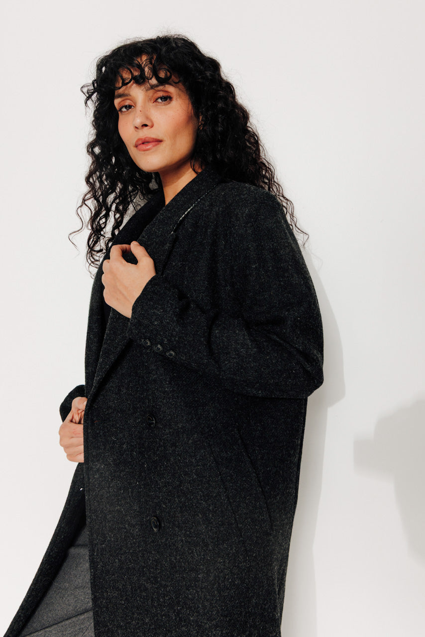 PEUPLIER - PEUPLIER - Manteau mi long en drap de laine shetland gris foncé ANTHRACITE - Trench & Coat