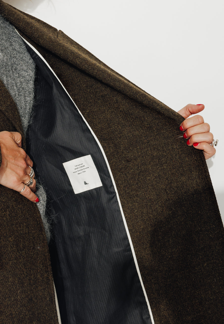 PEUPLIER - PEUPLIER - Manteau mi long en drap de laine shetland marron ECORCE - Trench & Coat