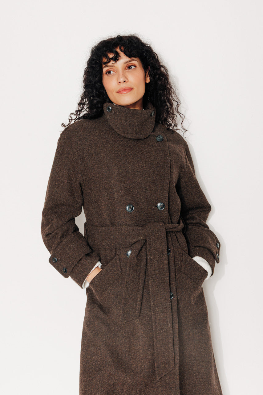 PLATANE - PLATANE - Manteau long en drap de laine shetland marron ECORCE - Trench & Coat