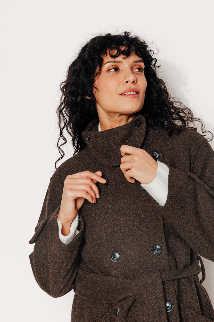 PLATANE - PLATANE - Manteau long en drap de laine shetland marron ECORCE - Trench & Coat