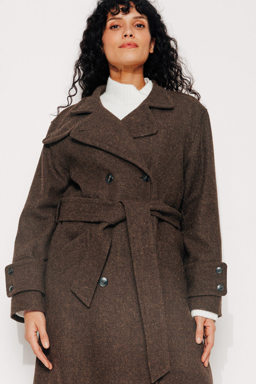 PLATANE - PLATANE - Manteau long en drap de laine shetland marron ECORCE - Trench & Coat