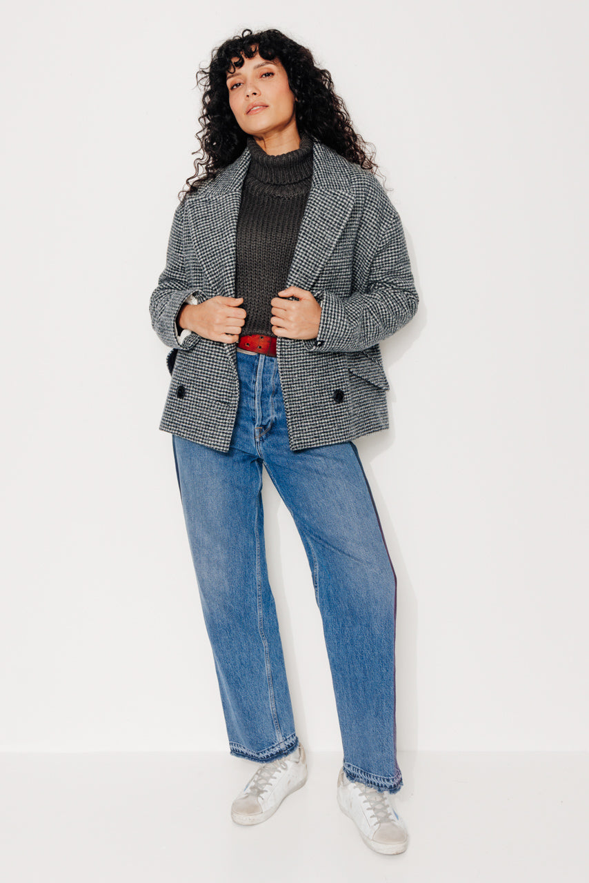 MURIER - MURIER - Manteau court oversize esprit caban en laine vierge vichy gris NOIR ECRU - Trench & Coat