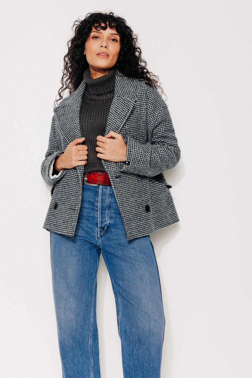 MURIER - MURIER - Manteau court oversize esprit caban en laine vierge vichy gris NOIR ECRU - Trench & Coat