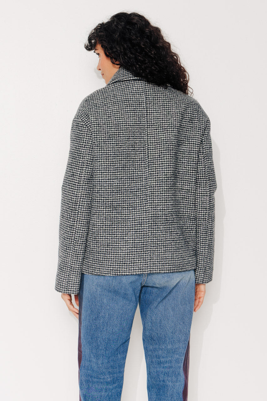 MURIER - MURIER - Manteau court oversize esprit caban en laine vierge vichy gris NOIR ECRU - Trench & Coat
