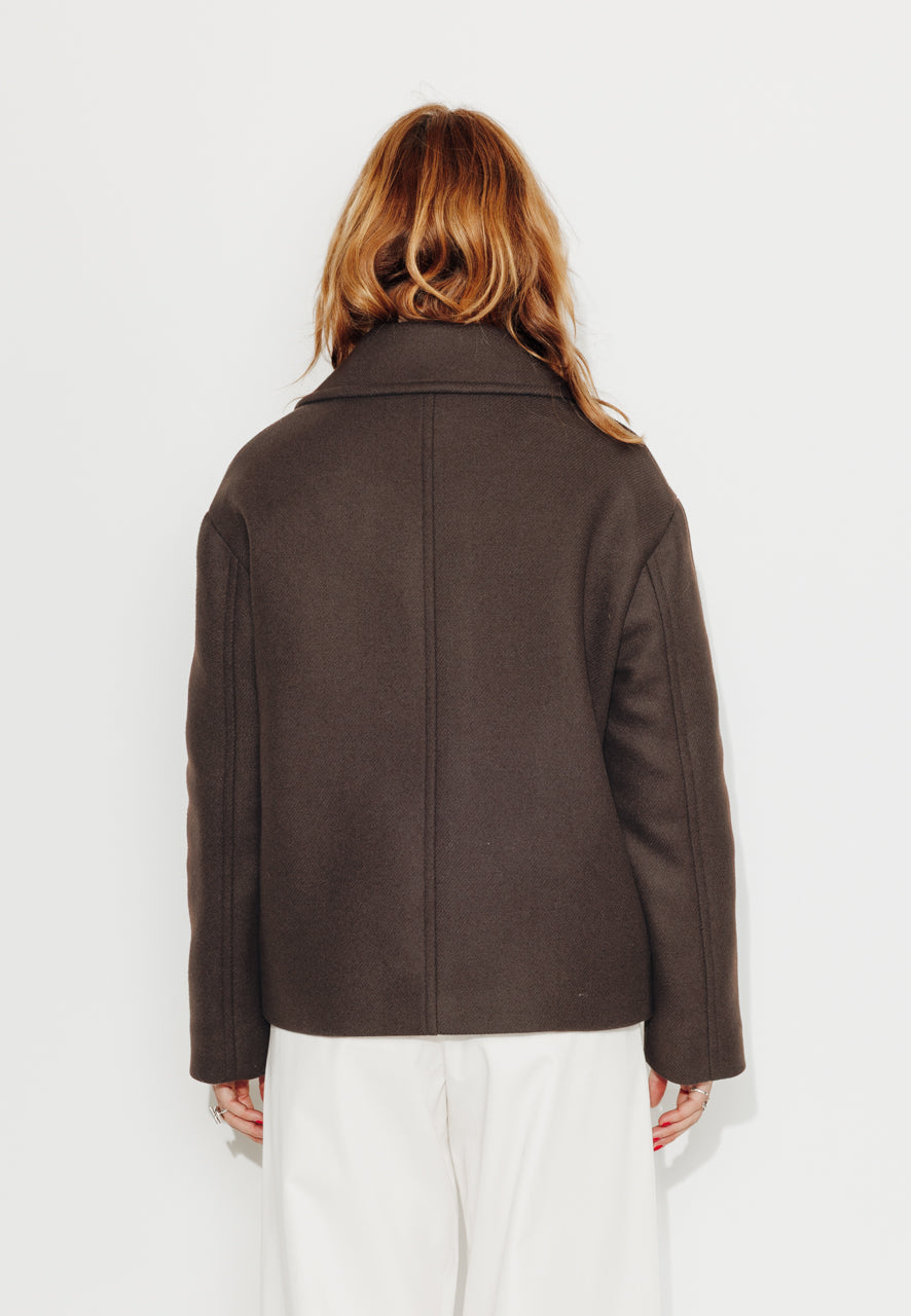 MURIER - MURIER - Manteau court oversize en drap de laine vierge marron ECORCE - Trench & Coat