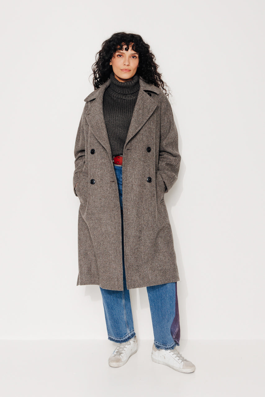 TROENE - TROENE - Manteau long ceinturé en drap de laine shetland chiné taupe MARRON - Trench & Coat