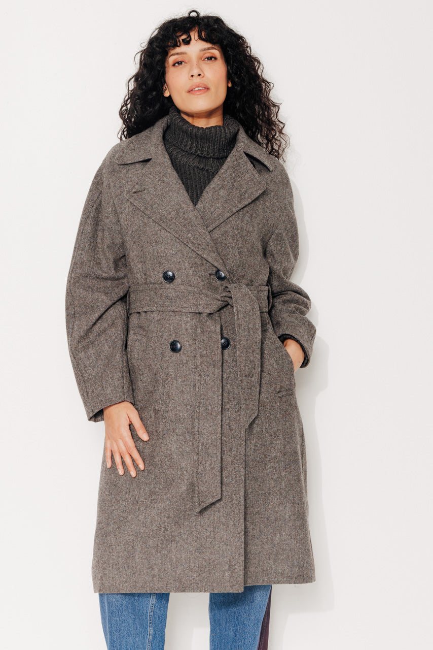 TROENE - TROENE - Manteau long ceinturé en drap de laine shetland chiné taupe MARRON - Trench & Coat