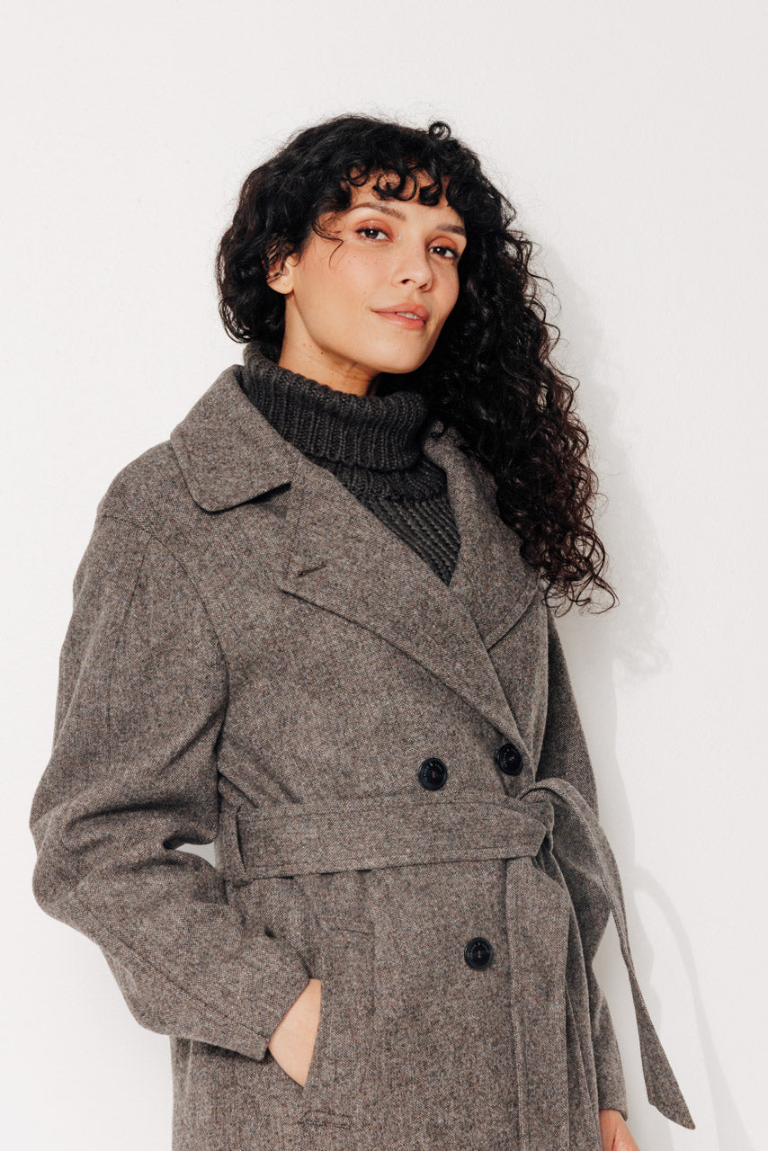 TROENE - TROENE - Manteau long ceinturé en drap de laine shetland chiné taupe MARRON - Trench & Coat